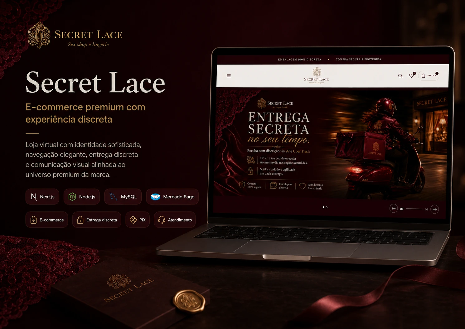 Capa do case Secret Lace com a home da loja virtual e a campanha de entrega discreta.